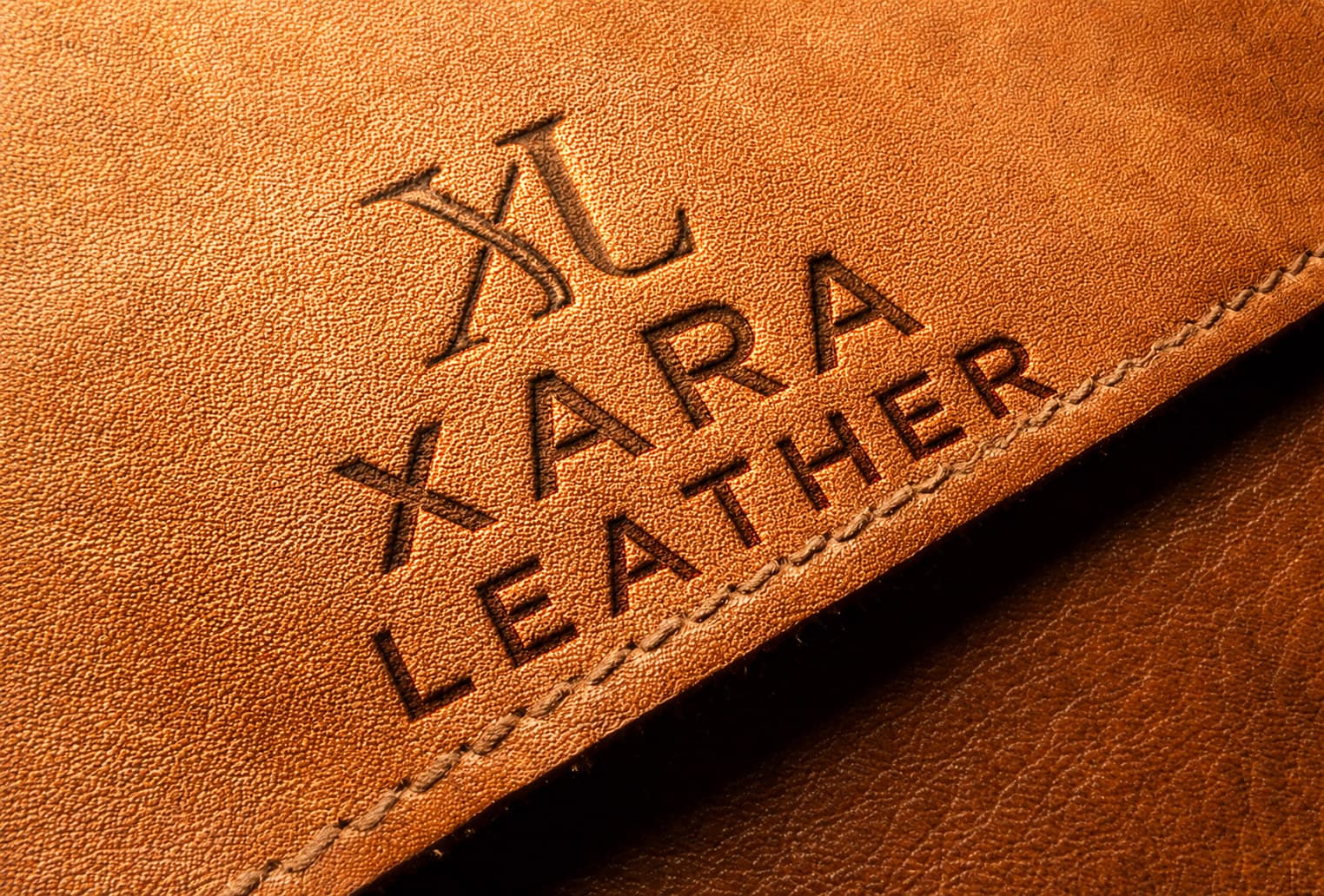 The Xara Leather mark embossed into full-grain leather